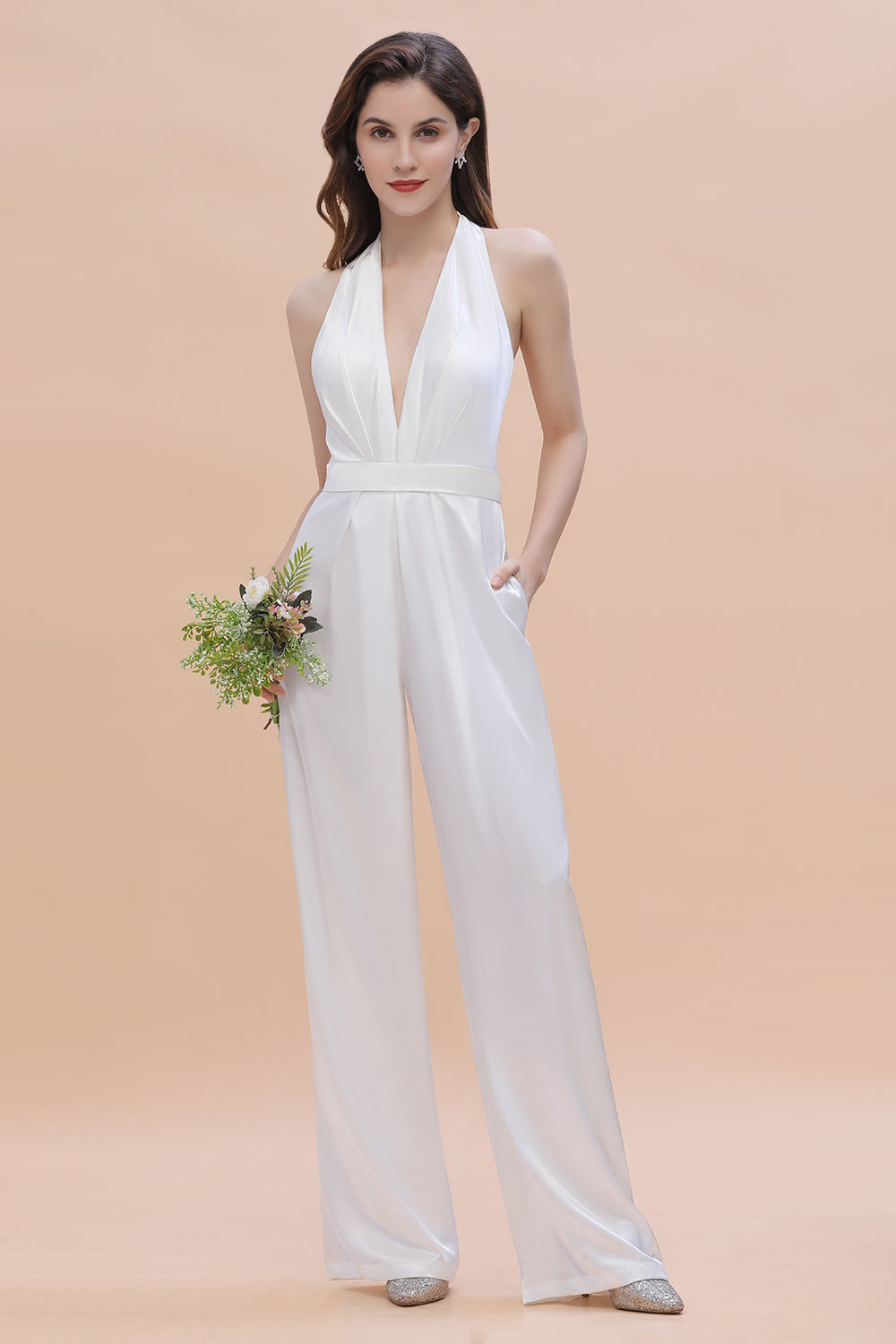 Sexy Deep-V-Neck Halter Backless Charmeuse Bridesmaid Jumpsuit