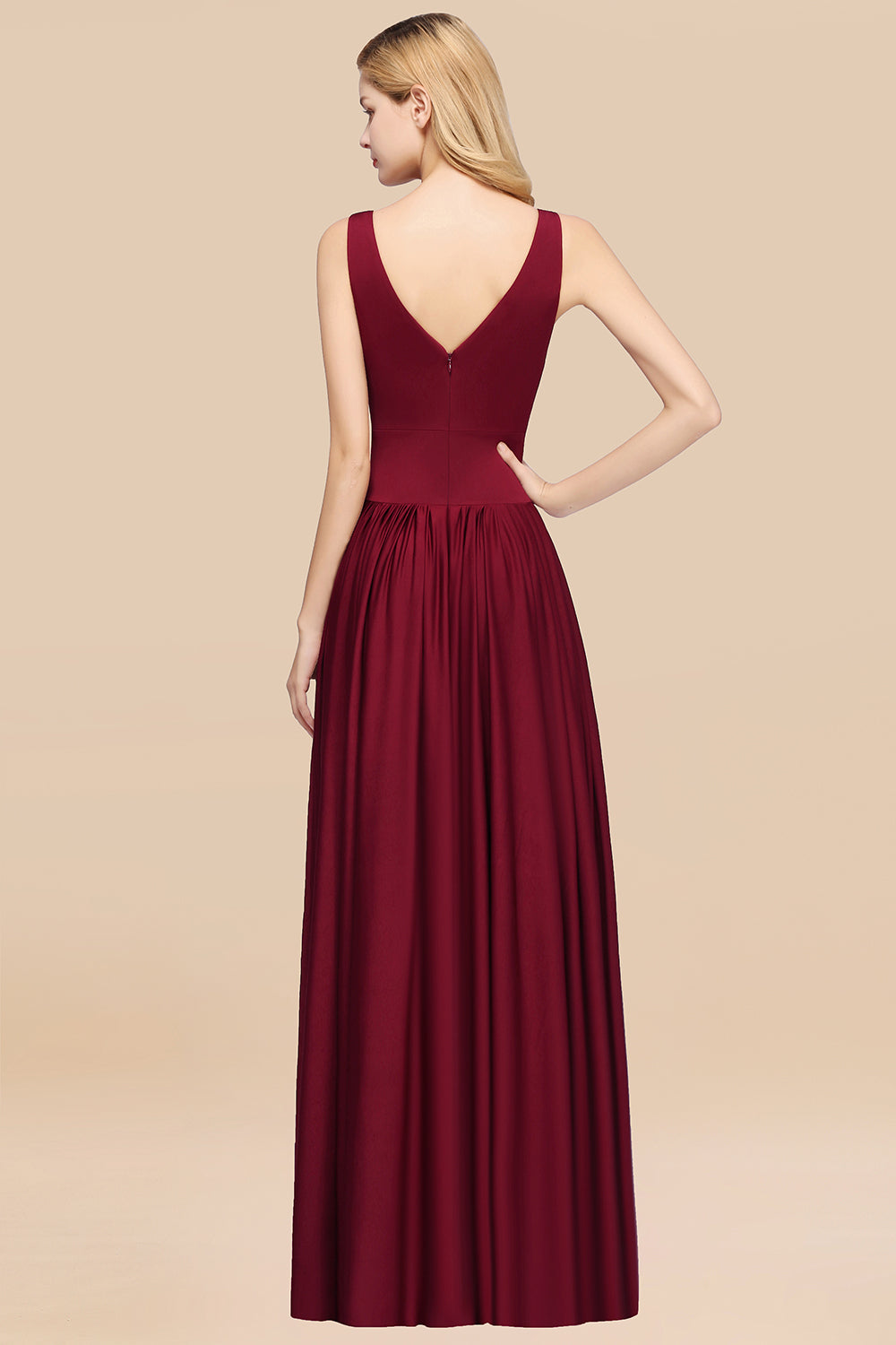 Sexy Deep V-Neck Sleeveless Bridesmaid Dresses Burgundy Chiffon Wedding Party Dress