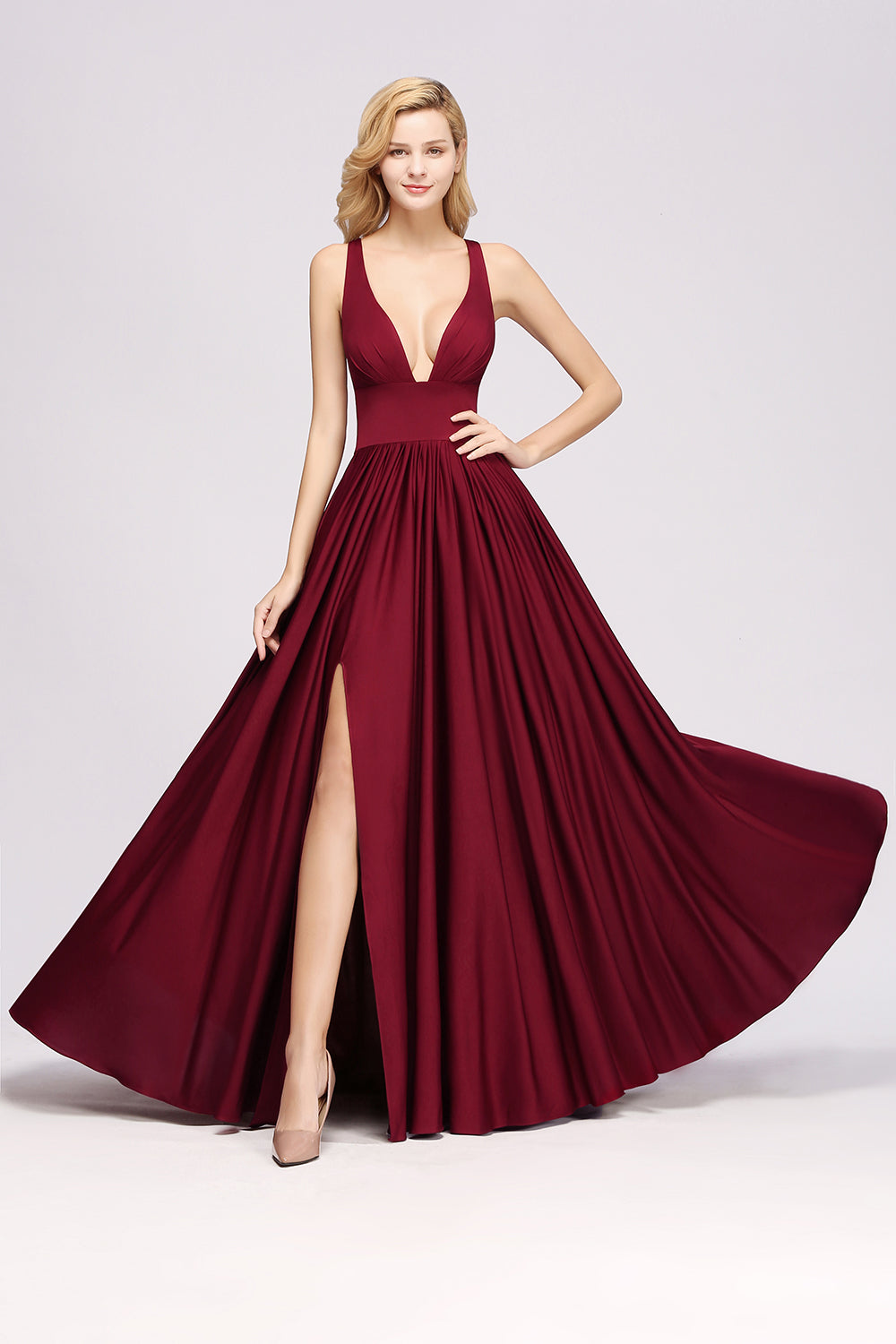 Sexy Deep V-Neck Sleeveless Bridesmaid Dresses Burgundy Chiffon Wedding Party Dress