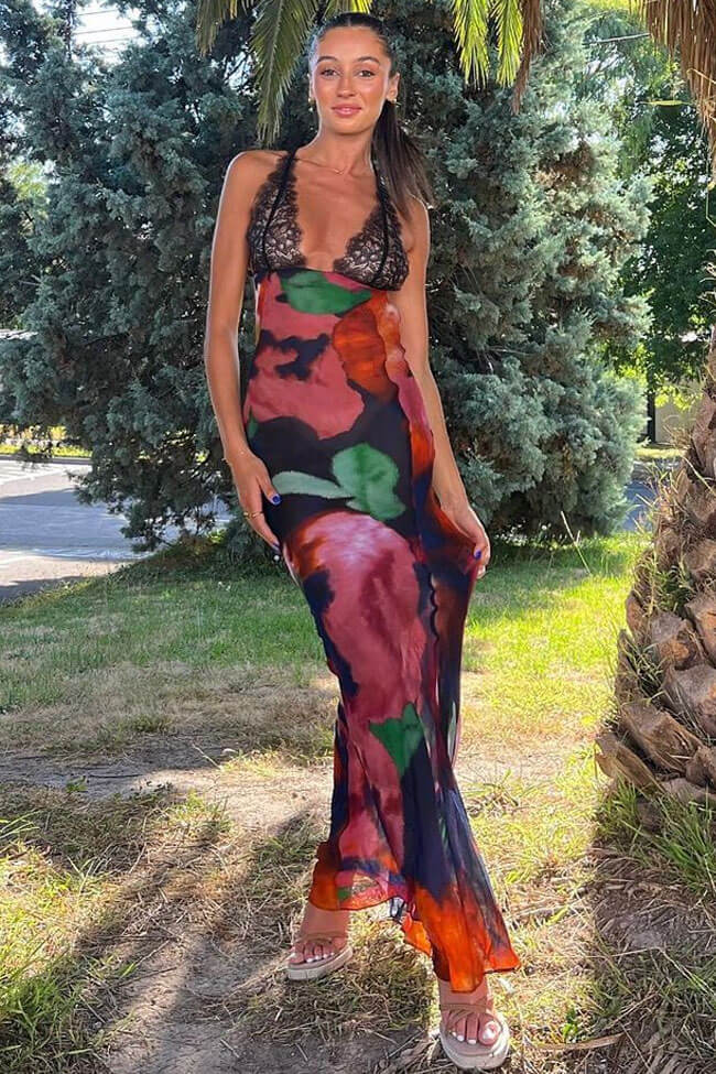 Sexy Deep V Printed Lace Chiffon Sheer Fishtail Slip Maxi Dress - Multicolor - Fashionpara