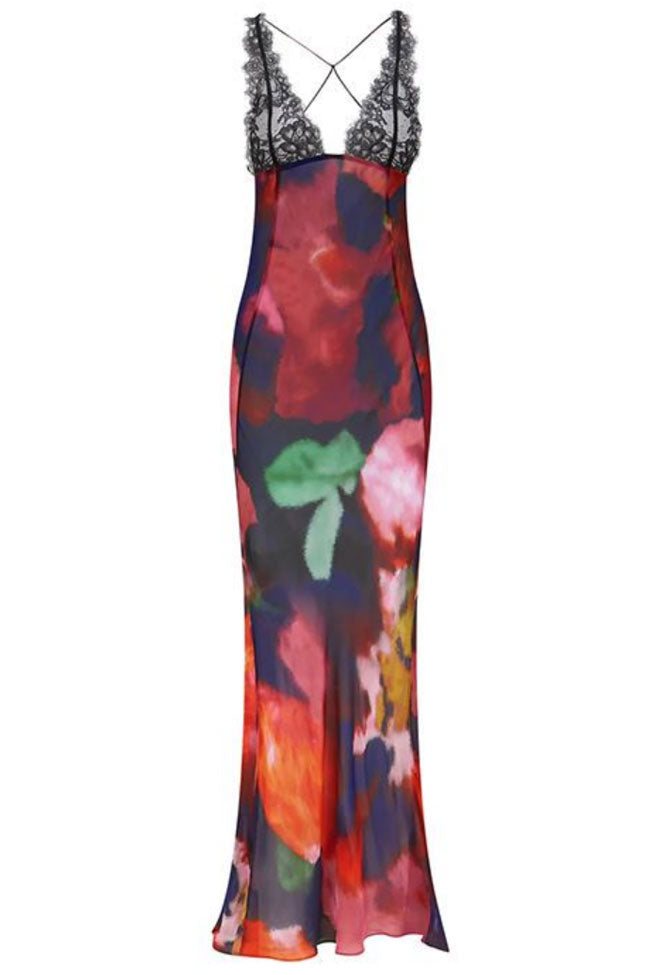 Sexy Deep V Printed Lace Chiffon Sheer Fishtail Slip Maxi Dress - Multicolor - Fashionpara