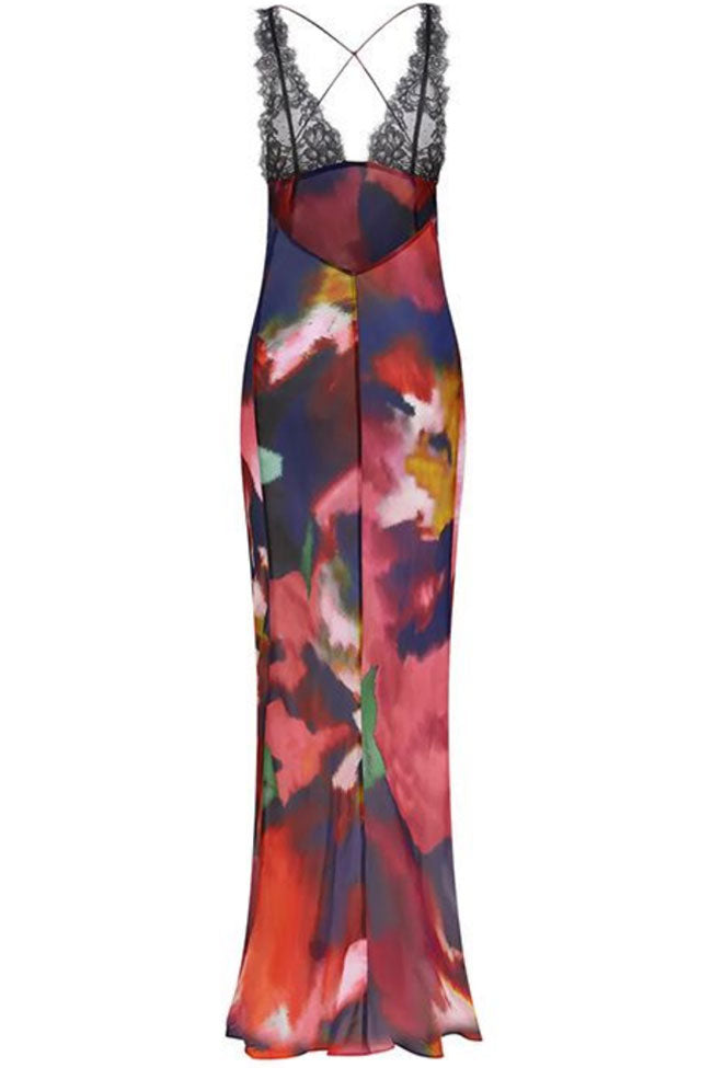 Sexy Deep V Printed Lace Chiffon Sheer Fishtail Slip Maxi Dress - Multicolor - Fashionpara