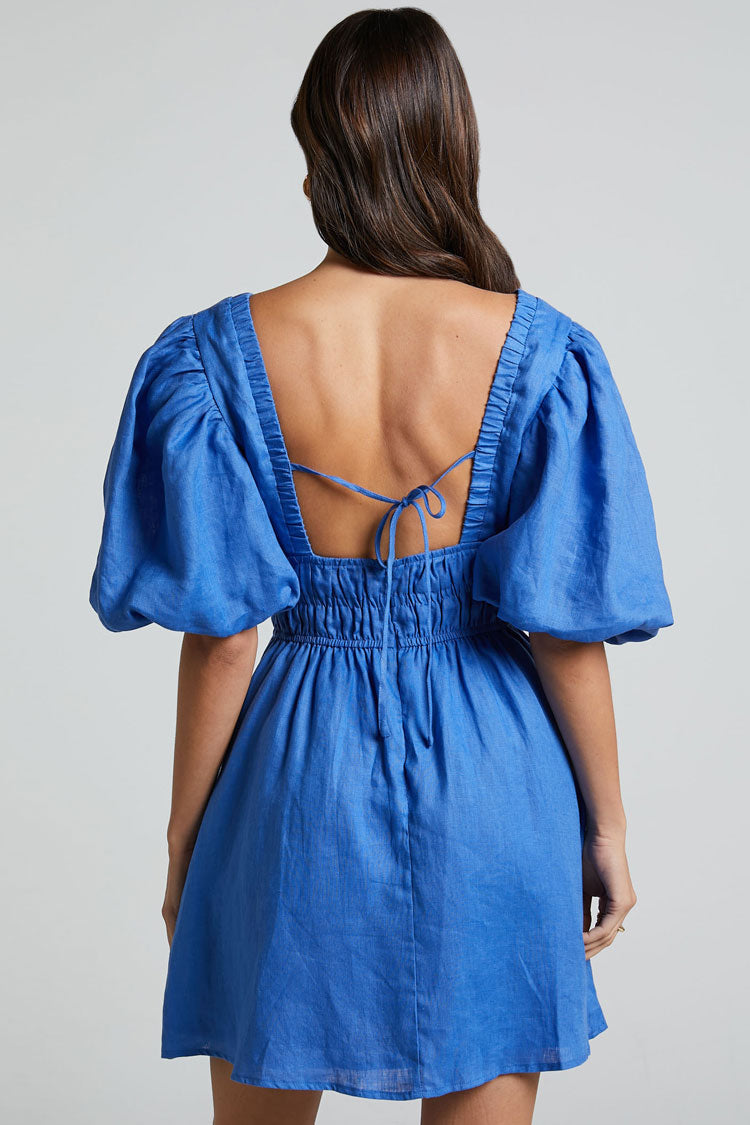 Sexy Deep V Tie Back Puff Sleeve Smocked Waist Summer Mini Dress - Blue