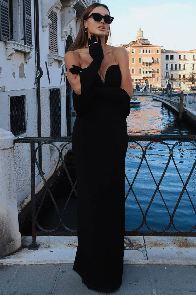 Sexy Diva Deep V Gloved Draped Sleeve Strapless Jersey Evening Maxi Dress - Black - Fashionpara