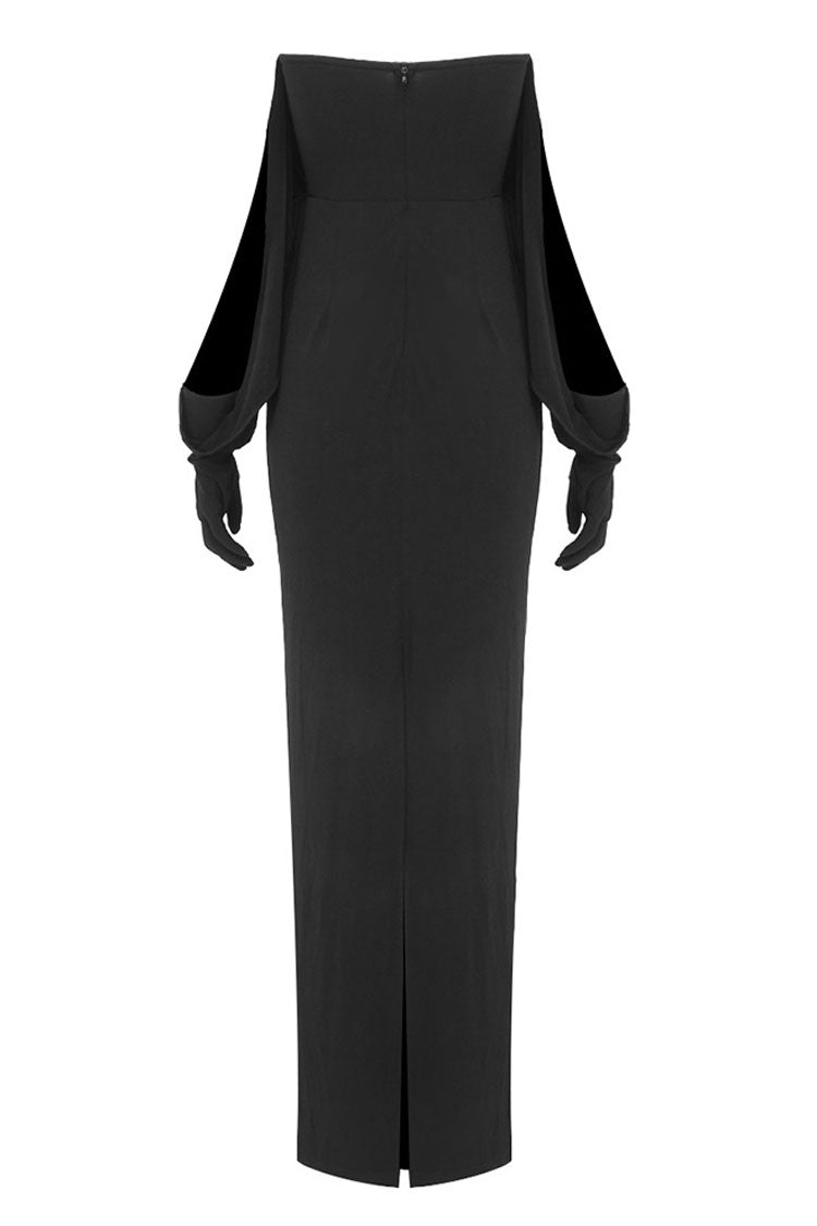 Sexy Diva Deep V Gloved Draped Sleeve Strapless Jersey Evening Maxi Dress - Black - Fashionpara