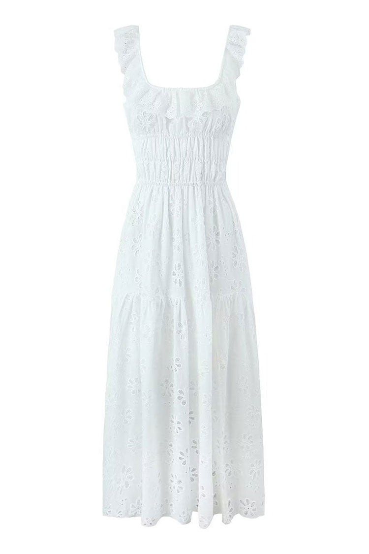 Sexy Floral Embroidered Ruffle Cutout Back Smocked Summer Maxi Sundress - Fashionpara