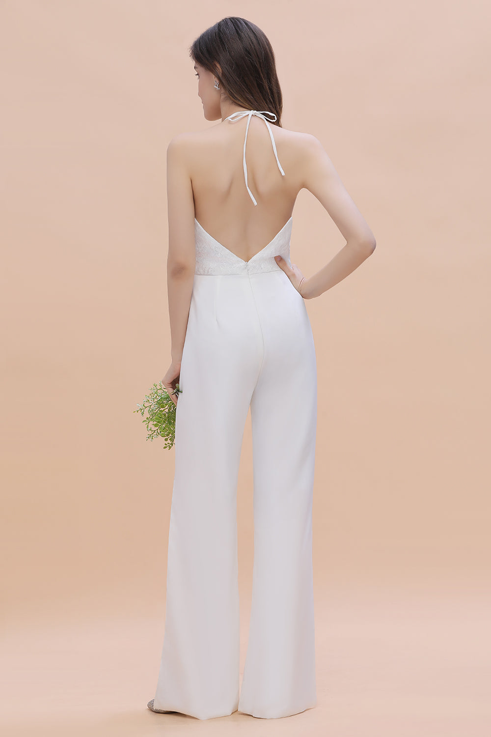 Sexy Halter Backless Lace Bridesmaid Jumpsuit with Slits On Sale - Fashionpara