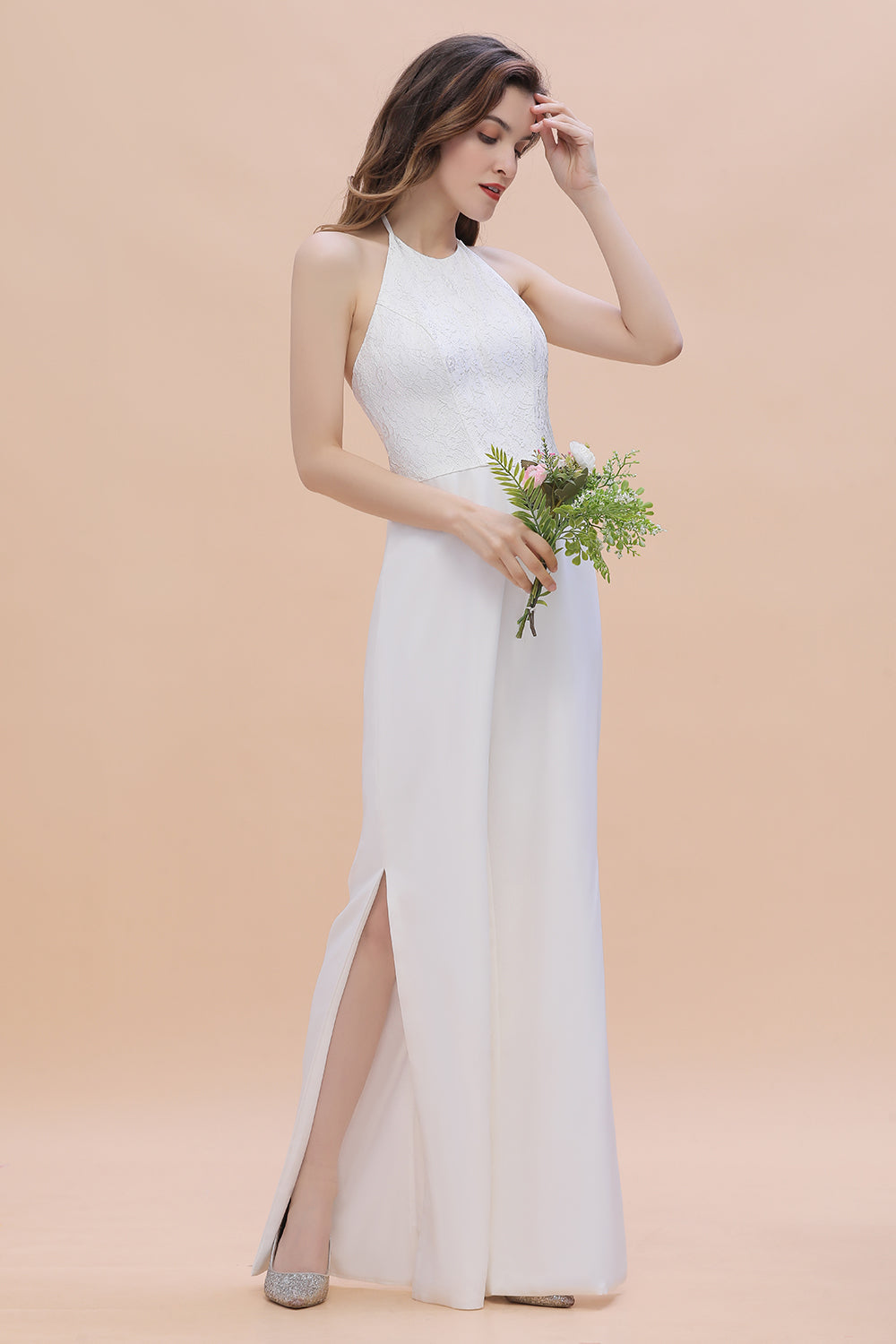 Sexy Halter Backless Lace Bridesmaid Jumpsuit with Slits On Sale