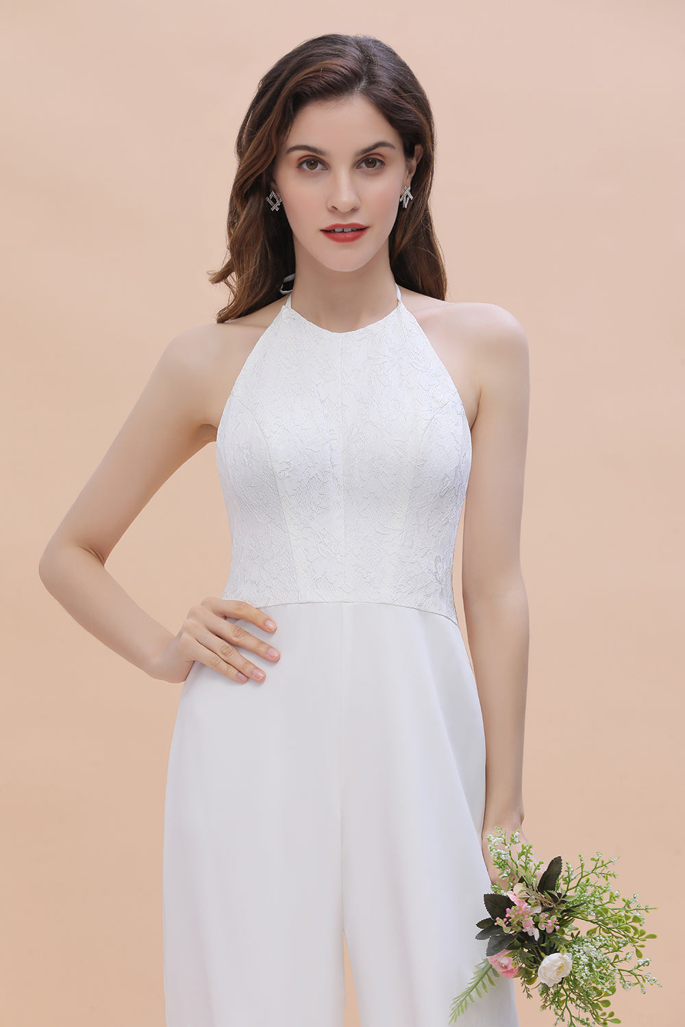 Sexy Halter Backless Lace Bridesmaid Jumpsuit with Slits On Sale