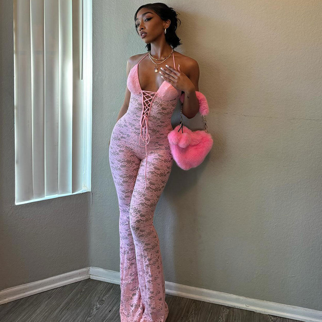 Sexy Halter Neck Lace Up Front Sheer Lace Flared Jumpsuit - Pink