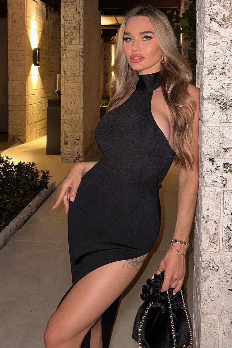 Sexy Halter Neck Side Boob Bandage Thigh Split Evening Maxi Dress - Black - Fashionpara