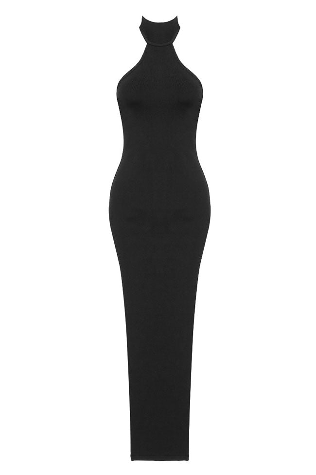 Sexy Halter Neck Side Boob Bandage Thigh Split Evening Maxi Dress - Black - Fashionpara