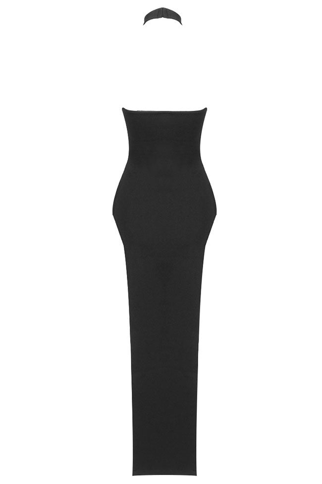 Sexy Halter Neck Side Boob Bandage Thigh Split Evening Maxi Dress - Black - Fashionpara