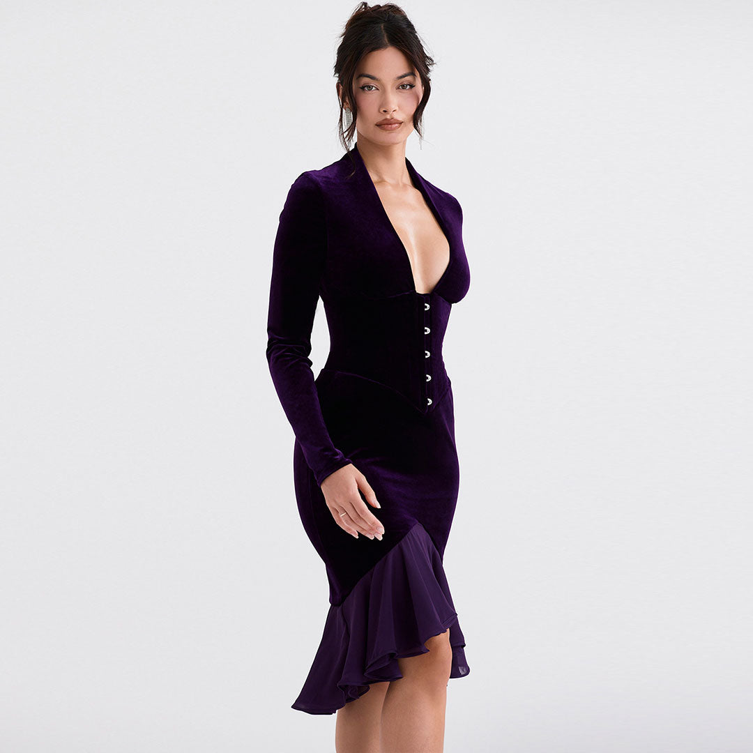 Sexy High Low Mesh Panel Ruffle Hem Long Sleeve Velvet Mini Dress - Purple