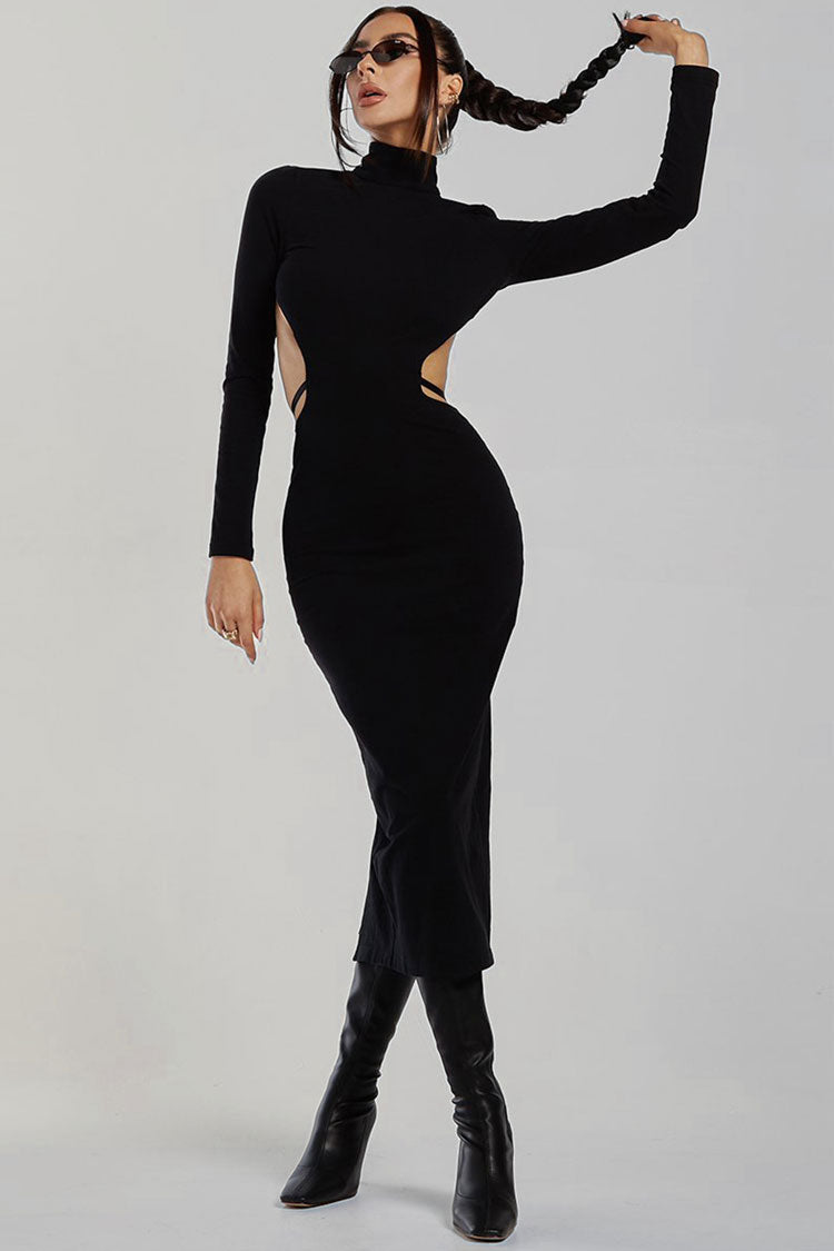 High Neck Long Sleeve High Slit Backless Midi Dress - Black - Fashionpara