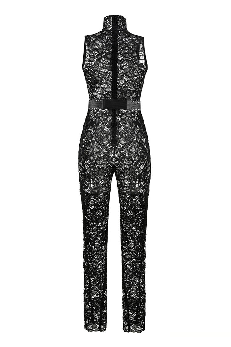 Sexy High Neck Sleeveless Metallic Studded Belt Skinny Sheer Lace Jumpsuit