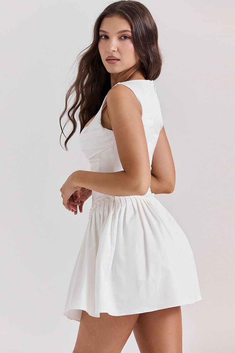 Sexy Hook & Eye Drop Waist Pleated Corset Summer Mini Sundress - White - Fashionpara