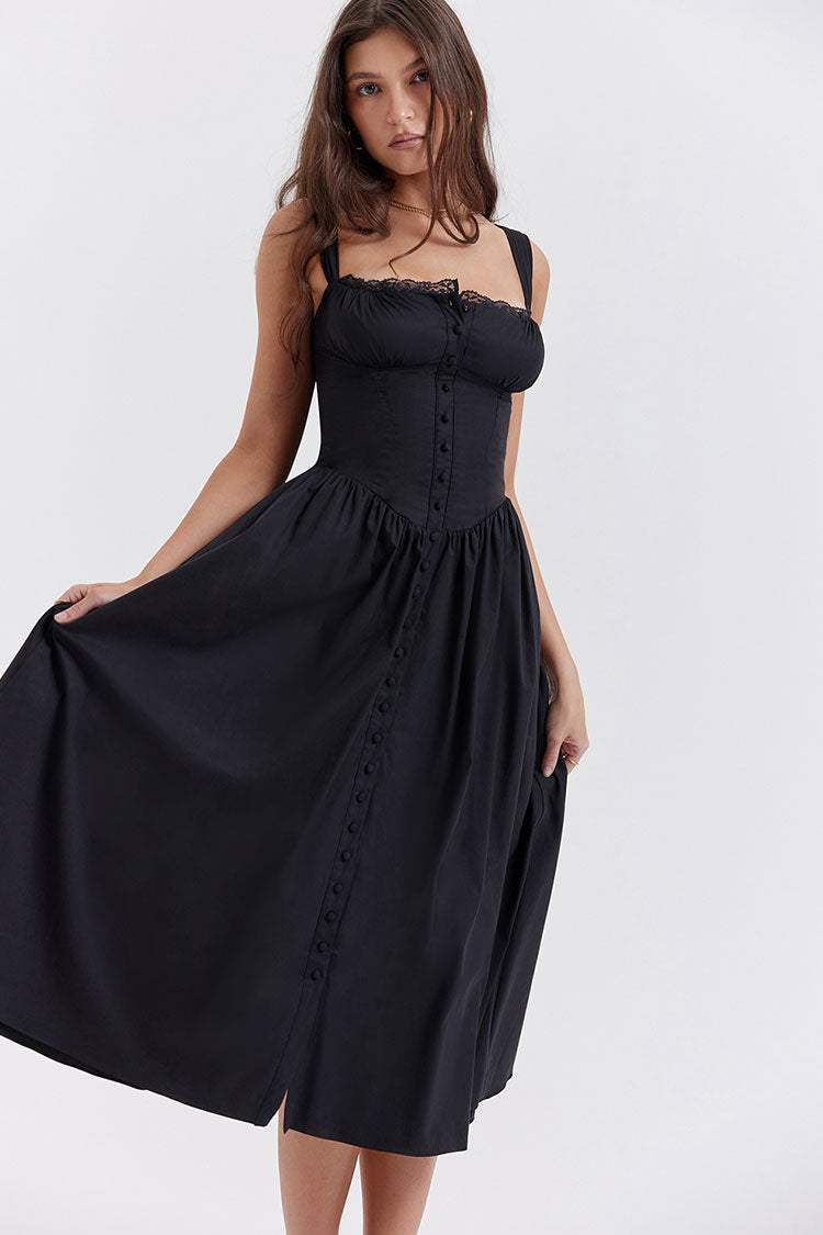 Sexy Lace Square Neck Lace Up Back Fit & Flare Midi Sundress - Black