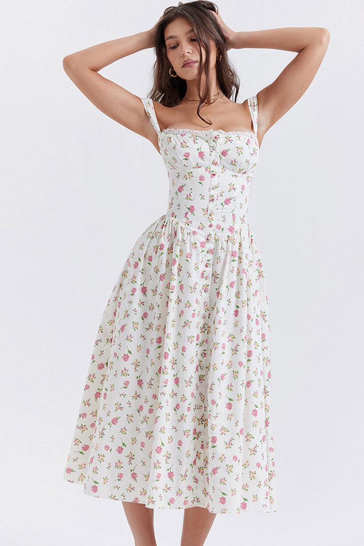 Sexy Lace Square Neck Lace Up Back Fit & Flare Midi Sundress - Floral