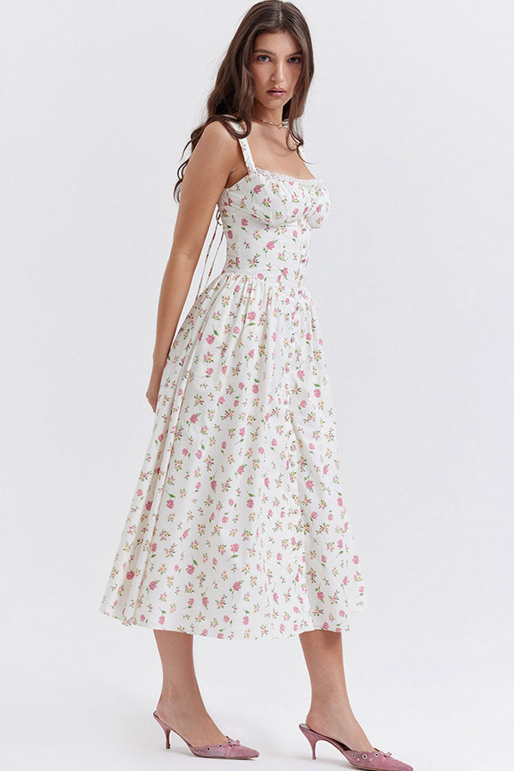 Sexy Lace Square Neck Lace Up Back Fit & Flare Midi Sundress - Floral