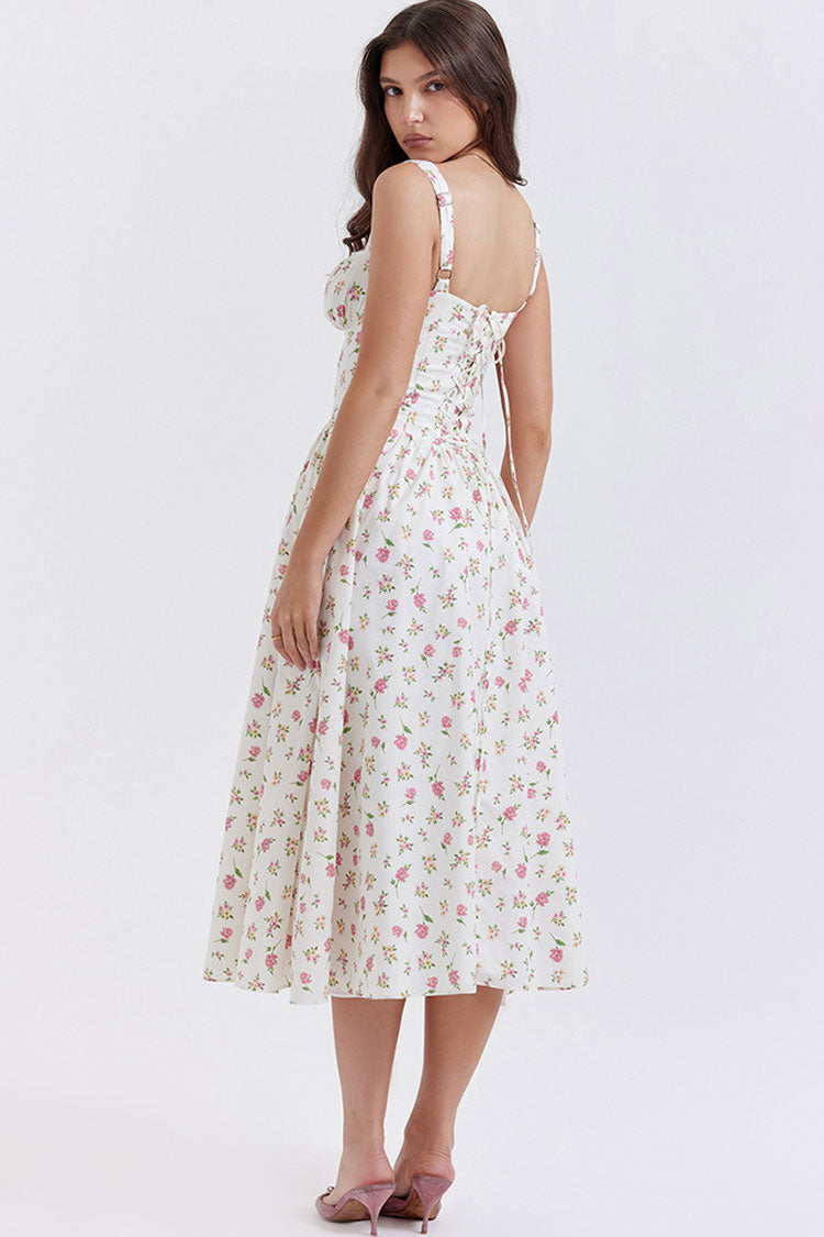 Sexy Lace Square Neck Lace Up Back Fit & Flare Midi Sundress - Floral