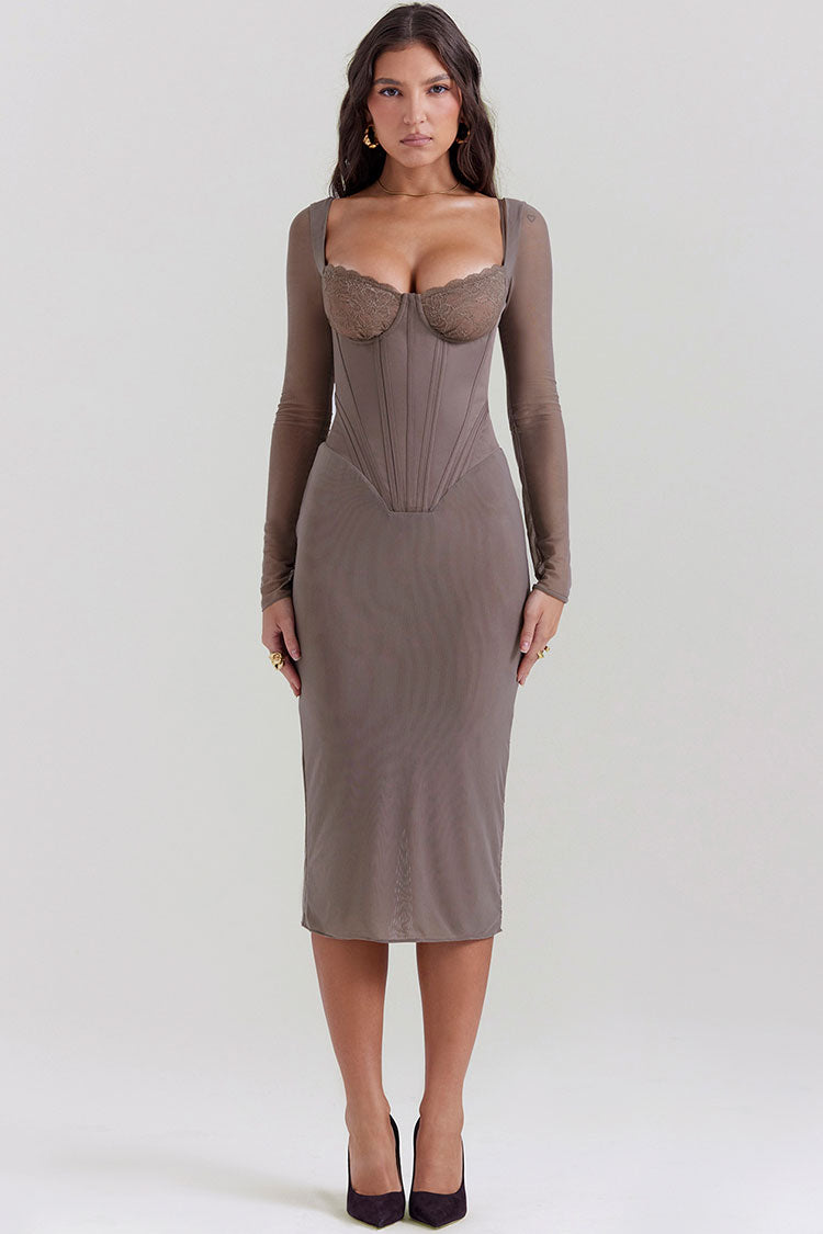 Sexy Lace Sweetheart Mesh Bodycon Mesh Cocktail Midi Dress - Light Khaki