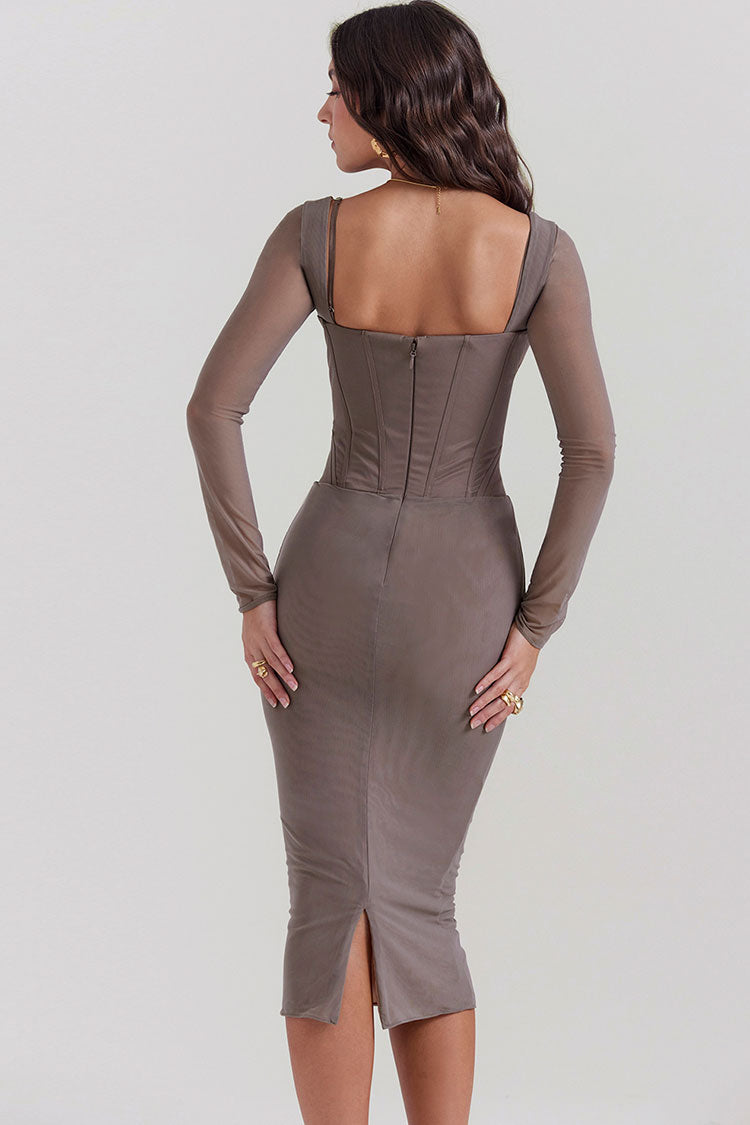 Sexy Lace Sweetheart Mesh Bodycon Mesh Cocktail Midi Dress - Light Khaki