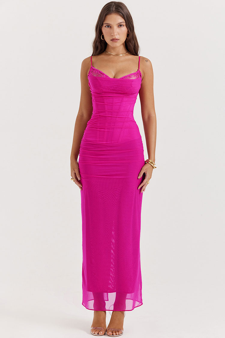 Sexy Lace V Neck Mesh Ruched Corset Cami Evening Maxi Dress - Hot Pink - Fashionpara