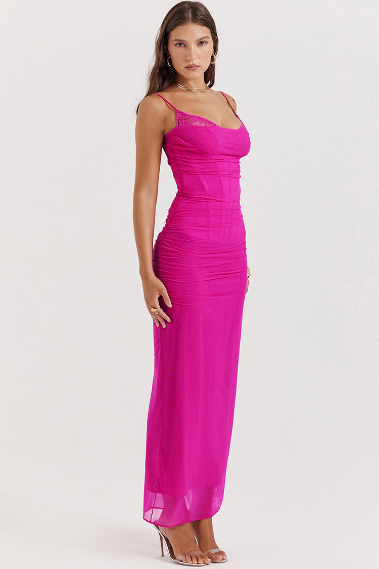 Sexy Lace V Neck Mesh Ruched Corset Cami Evening Maxi Dress - Hot Pink - Fashionpara