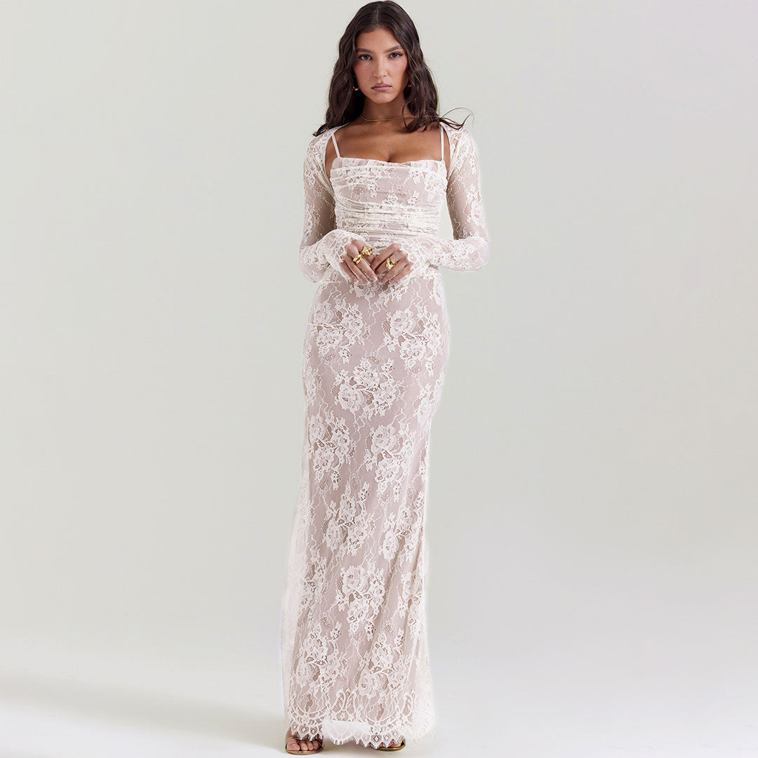 Sexy Layered Shrug Ruched Lace Maxi Fishtail Evening Dress - Cream