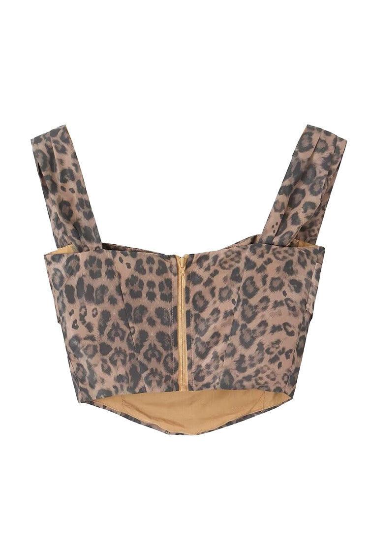 Sexy Leopard Print Twist Front Bustier Suspender Strap Crop Tank Top