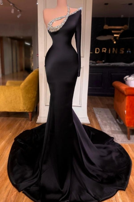 Sexy Long Black One Shoulder Long Sleeve Mermaid Prom Dress with Glitter Accents - Fashionpara