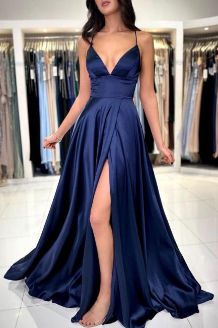 Sexy Long Simple Navy Blue Spaghetti Straps Prom Dress with Elegant Slit - Fashionpara