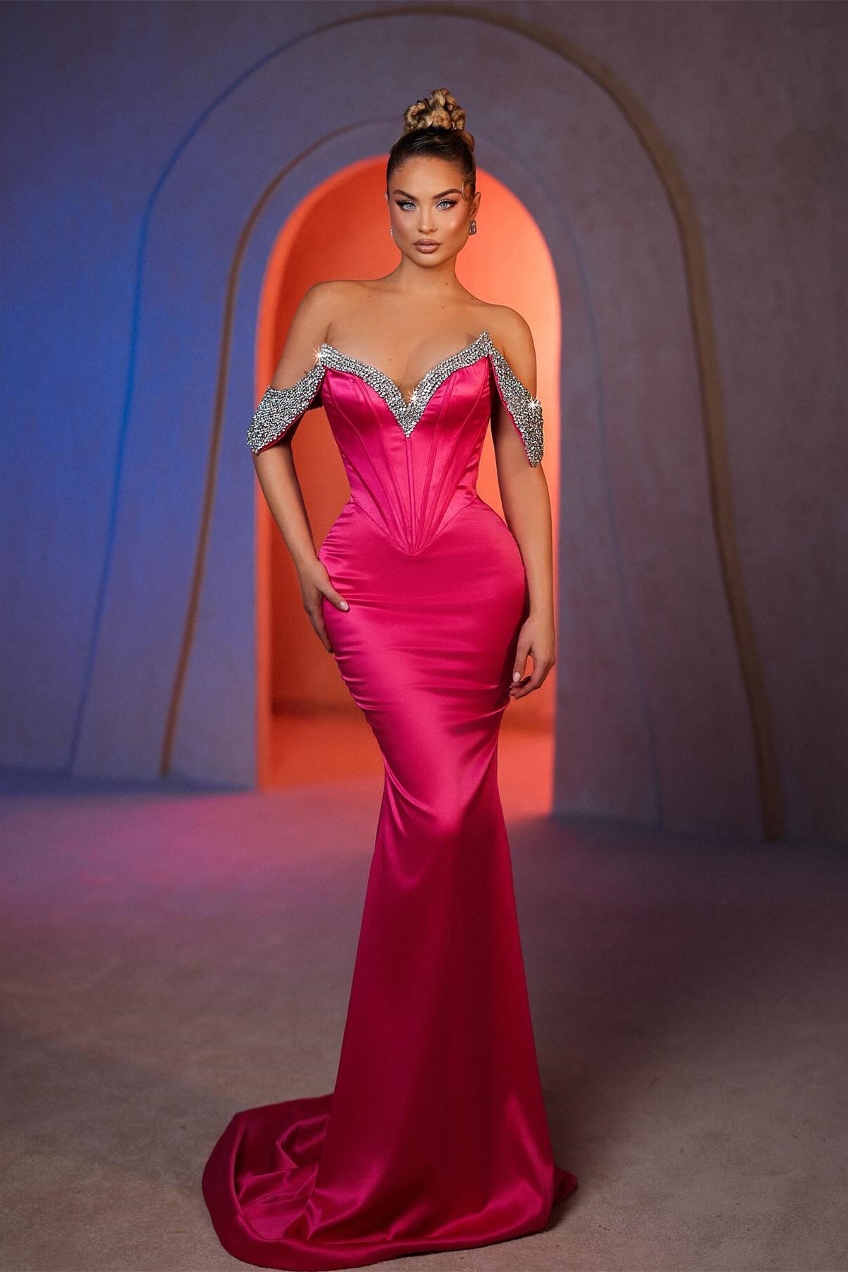 Sexy Mermaid Off-the-shoulder Sleeveless Rhinestone Satin Prom Dress - Fashionpara