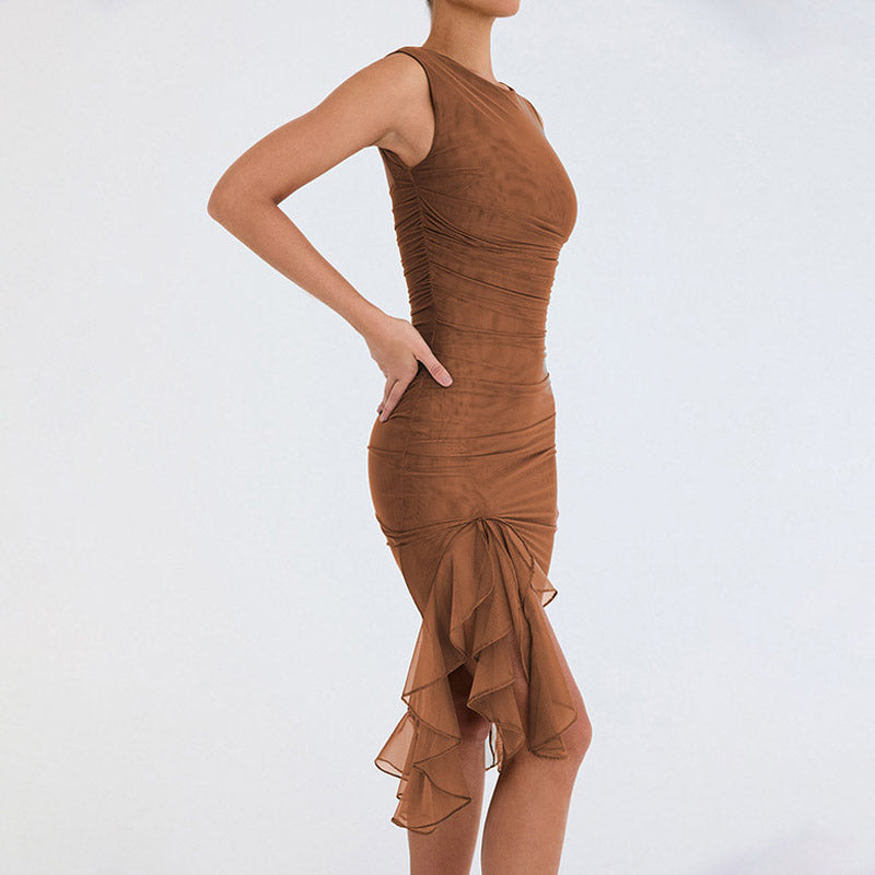 Sexy Mesh Ruched Crew Neck Sleeveless Bodycon Ruffle Cocktail Midi Dress - Brown