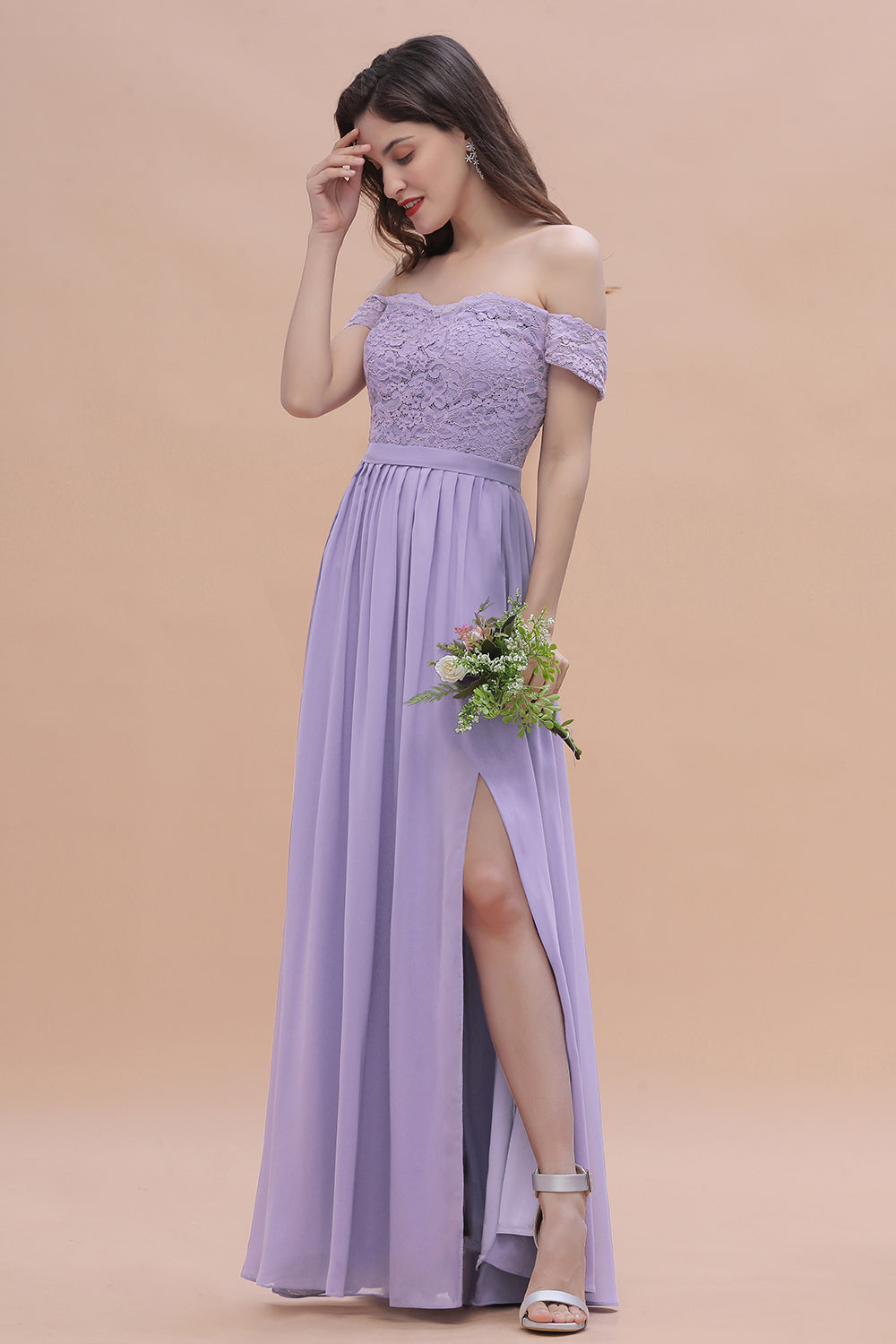 Sexy Off-the-Shoulder Lace Chiffon Ruffles Bridesmaid Dresses with Slit On Sale