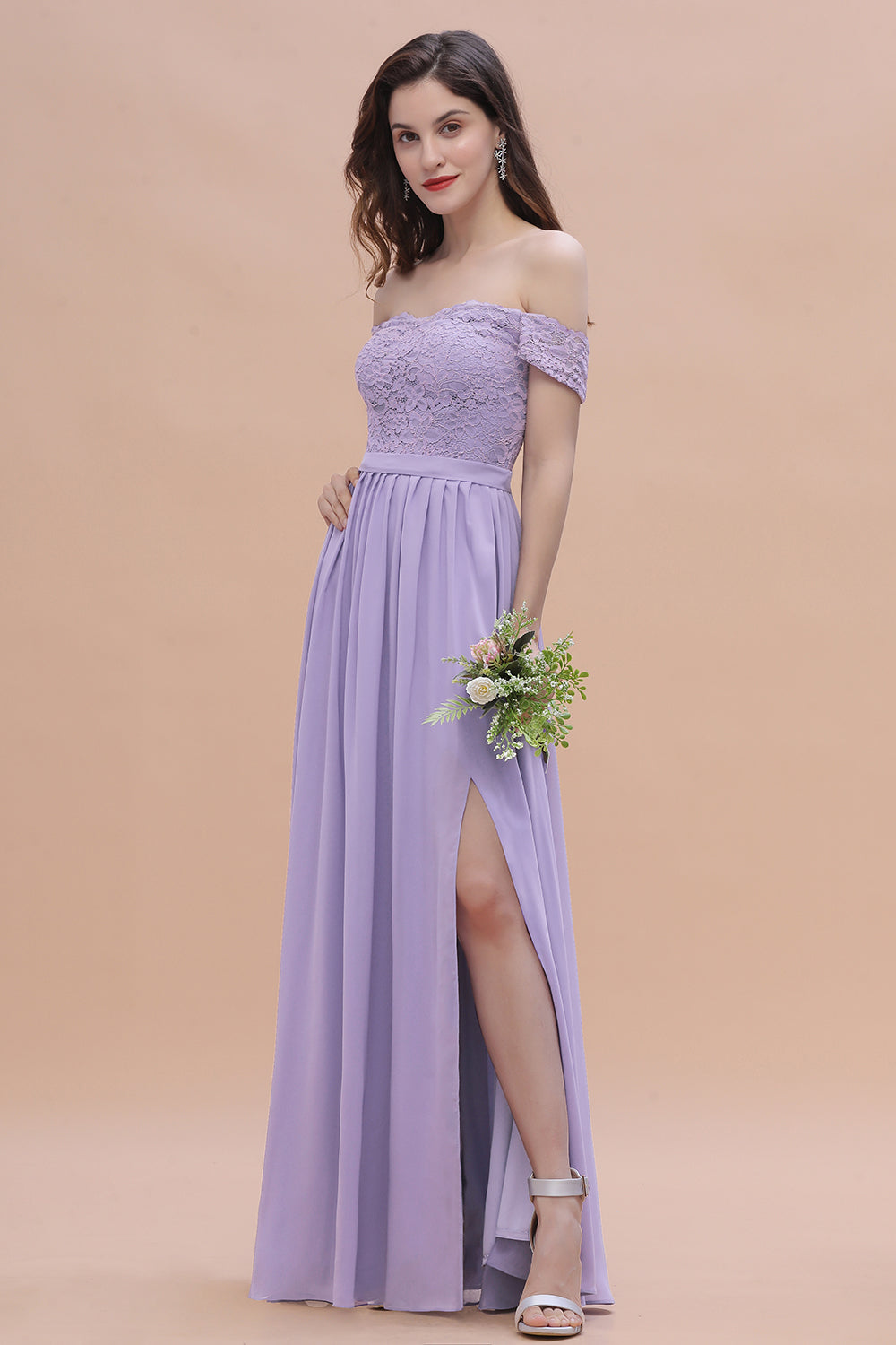 Sexy Off-the-Shoulder Lace Chiffon Ruffles Bridesmaid Dresses with Slit On Sale