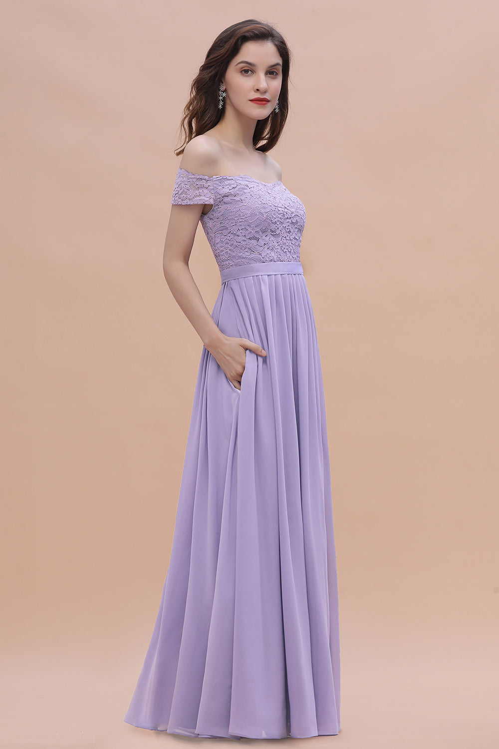 Sexy Off-the-Shoulder Lace Chiffon Ruffles Bridesmaid Dresses with Slit On Sale