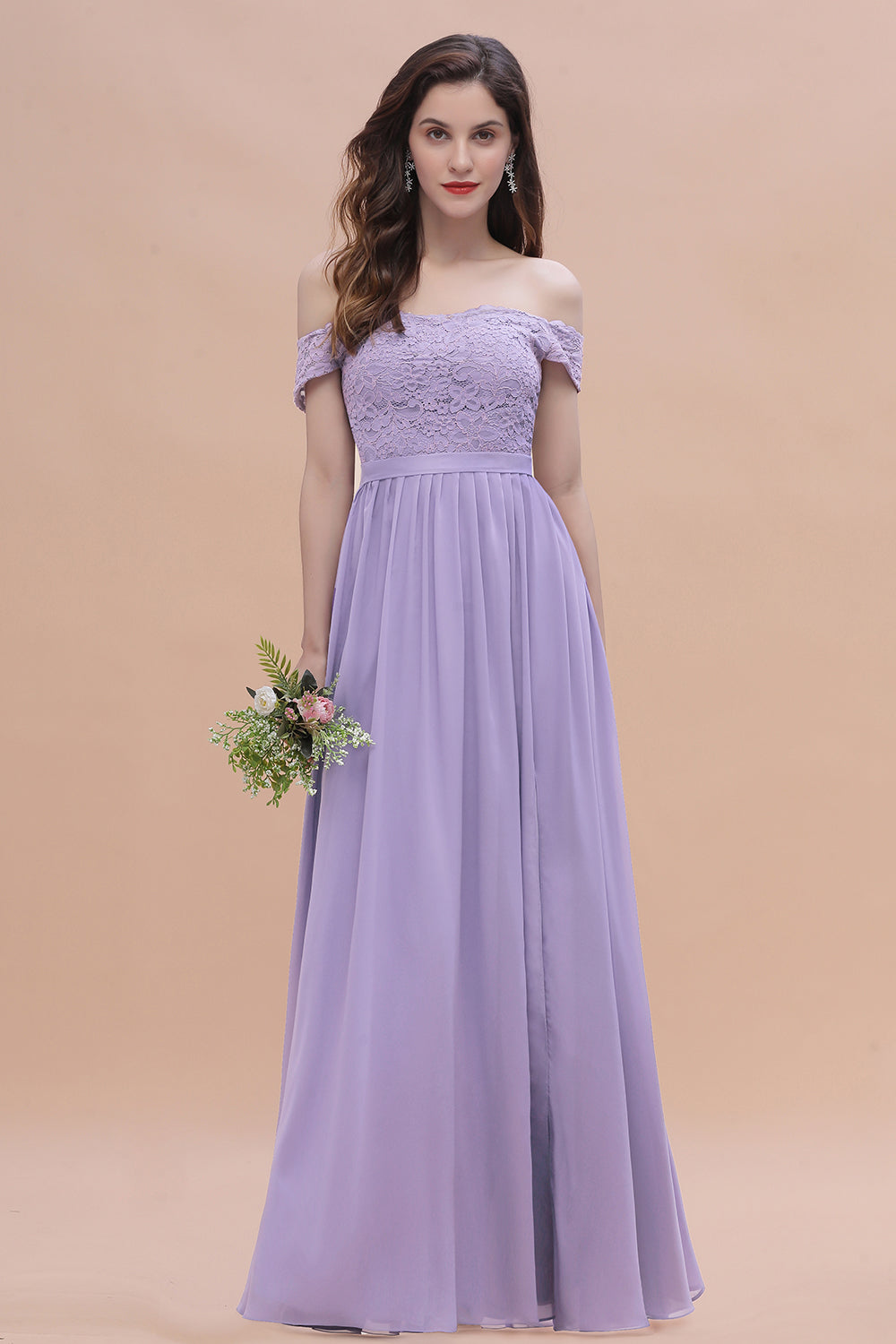 Sexy Off-the-Shoulder Lace Chiffon Ruffles Bridesmaid Dresses with Slit On Sale