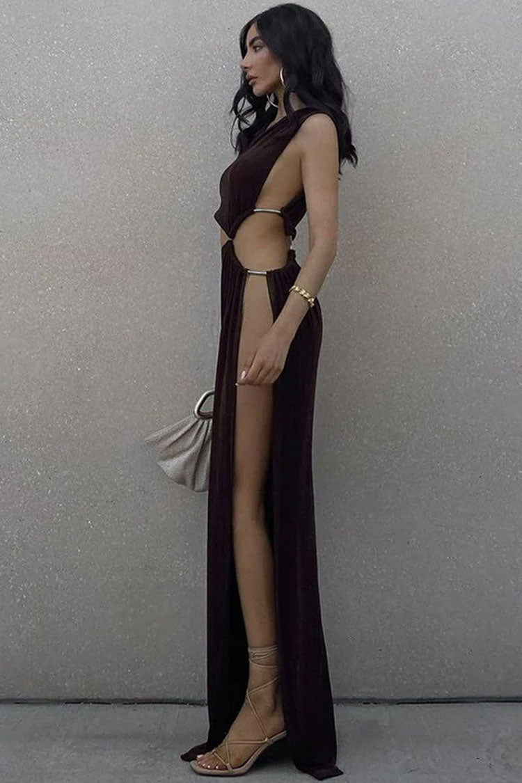 Sexy One Shoulder Cutout High Slit Sheer Maxi Dress - Brown - Fashionpara