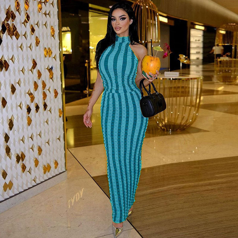 Sexy Popcorn Striped High Neck Sleeveless Bodycon Maxi Dress - Blue