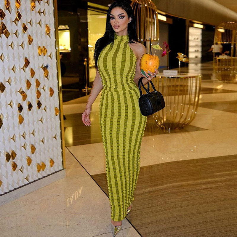 Sexy Popcorn Striped High Neck Sleeveless Bodycon Maxi Dress - Green