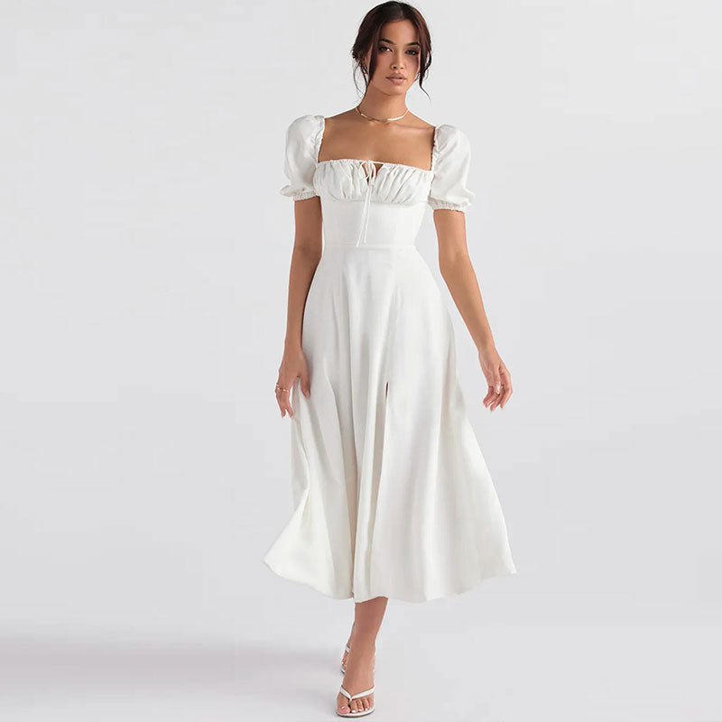 Sexy Puff Sleeve Tie Front High Split Off Shoulder Midi Sundress - White