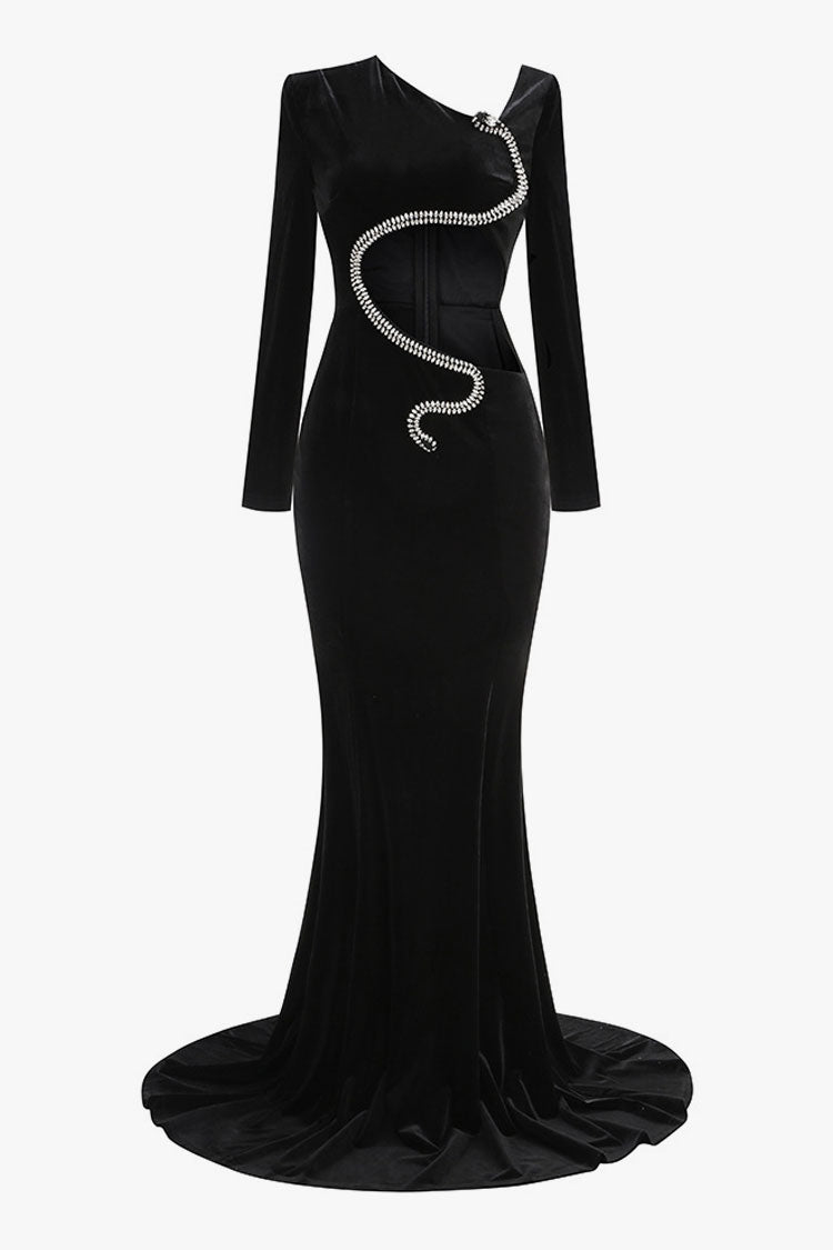 Sexy Rhinestone Snake Strong Shoulder Cutout Velvet Formal Maxi Dress