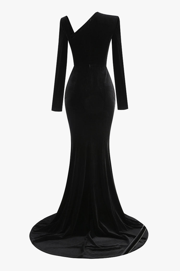 Sexy Rhinestone Snake Strong Shoulder Cutout Velvet Formal Maxi Dress