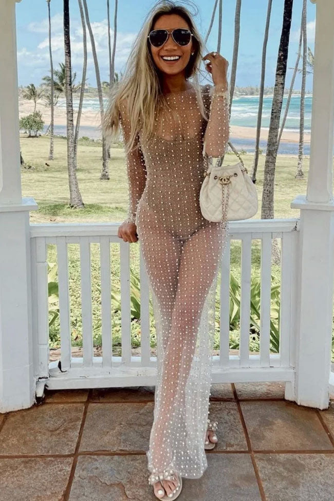 Round Neck Long Sleeve Faux Pearl Split Sheer Mesh Maxi Dress - Nude - Fashionpara