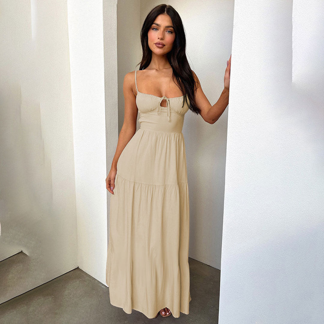 Sexy Ruched Bow Tie Lace Up Backless Tiered Slip Maxi Sundress