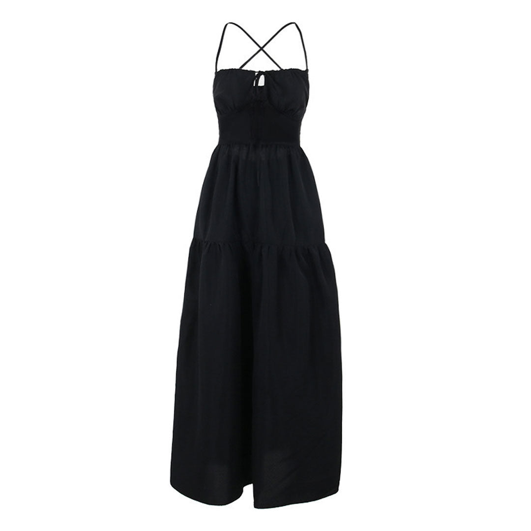 Sexy Ruched Bow Tie Lace Up Backless Tiered Slip Maxi Sundress