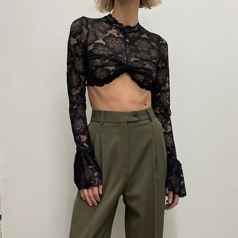 Sexy Ruched Mock Neck Flared Sleeve Flower Sheer Lace Crop Top - Black