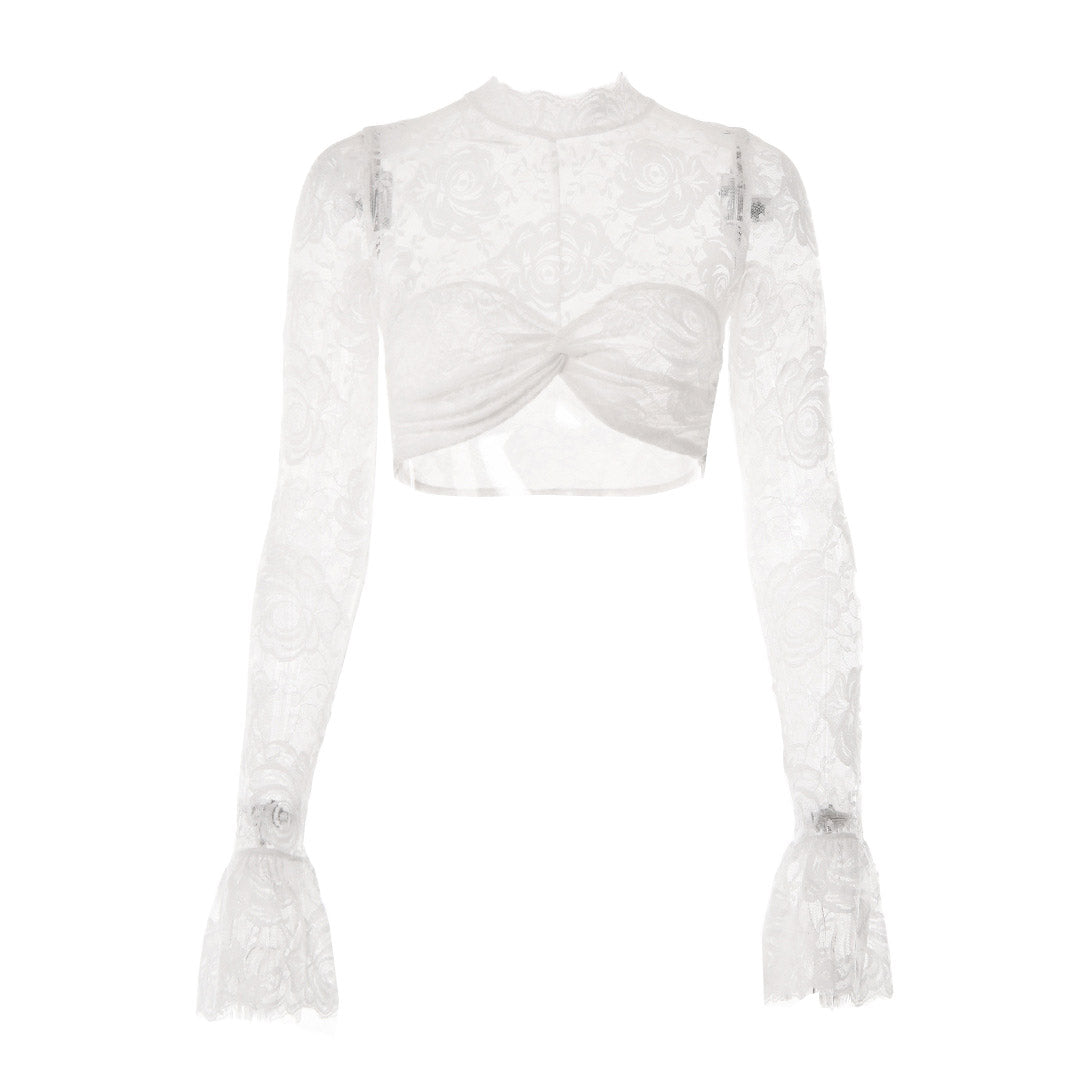 Sexy Ruched Mock Neck Flared Sleeve Flower Sheer Lace Crop Top - White